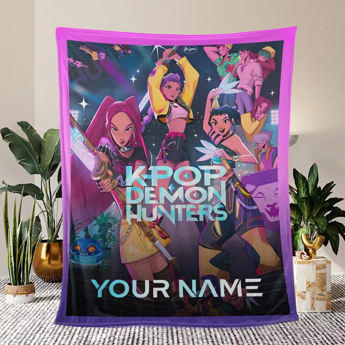 Custom Kpop Demon Hunters plush throw blanket, cozy room décor accessory.