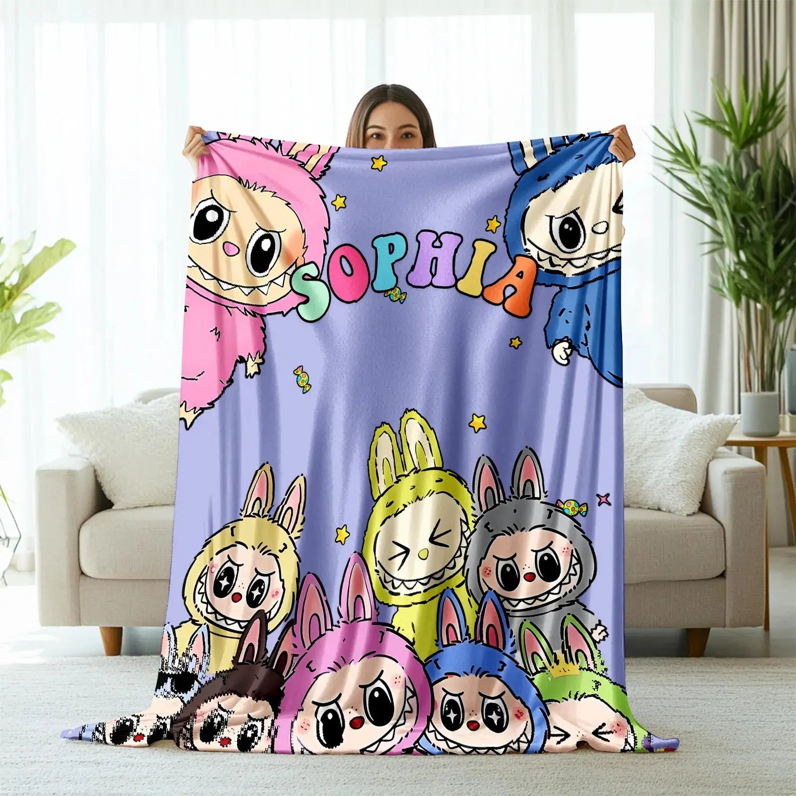 Custom Labubu cartoon kids blanket with personalized name, soft and cozy toddler bedding, perfect gift for children’s bedroom décor.