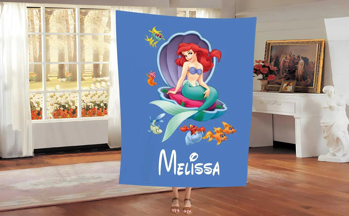 Custom Disney Little Mermaid Ariel blanket, personalized mermaid tail blanket for kids and toddlers, soft cozy bedding for girls’ bedroom décor.