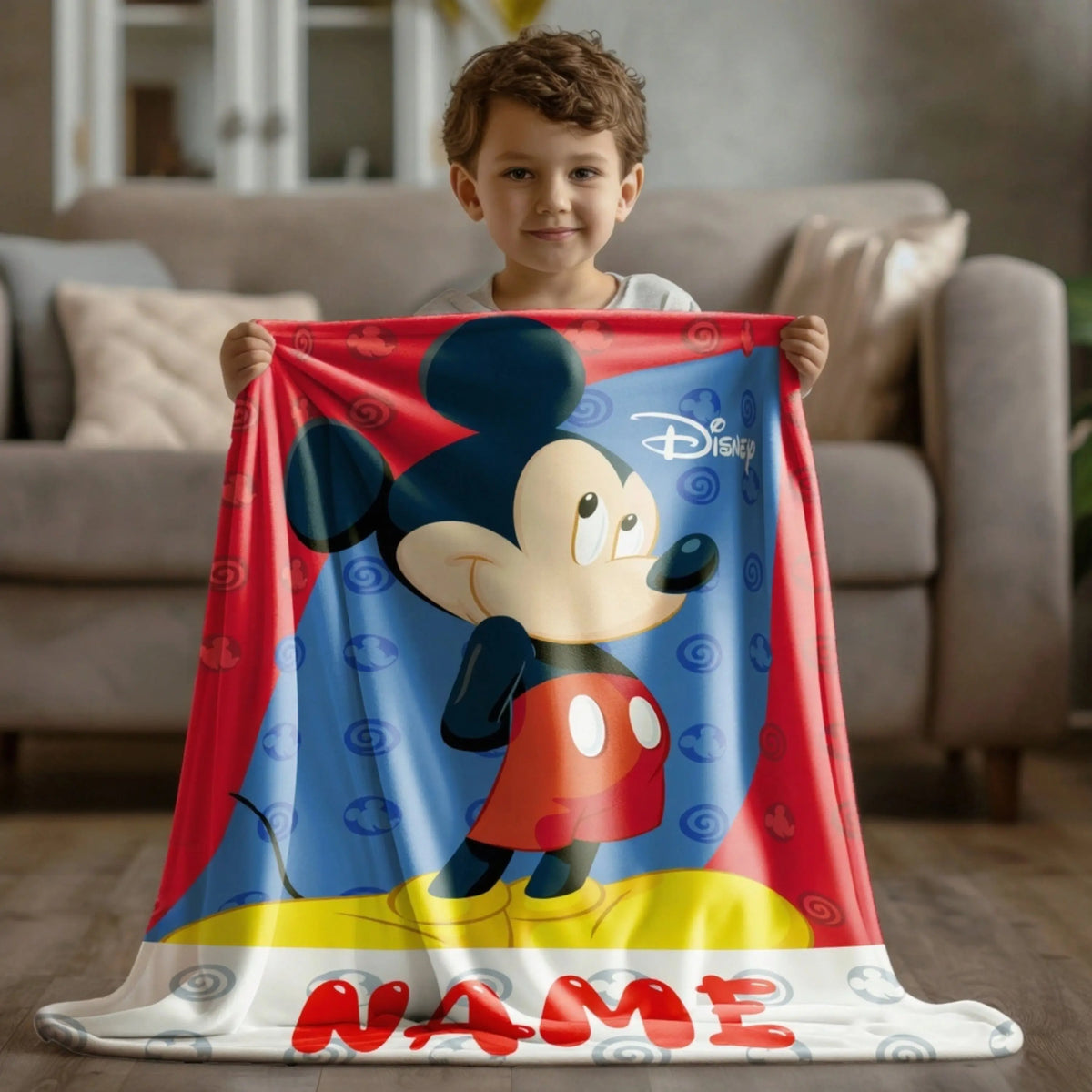 Child holding Disney Mickey Mouse custom kids blanket with personalized name, cozy cartoon bedding for bedroom decor