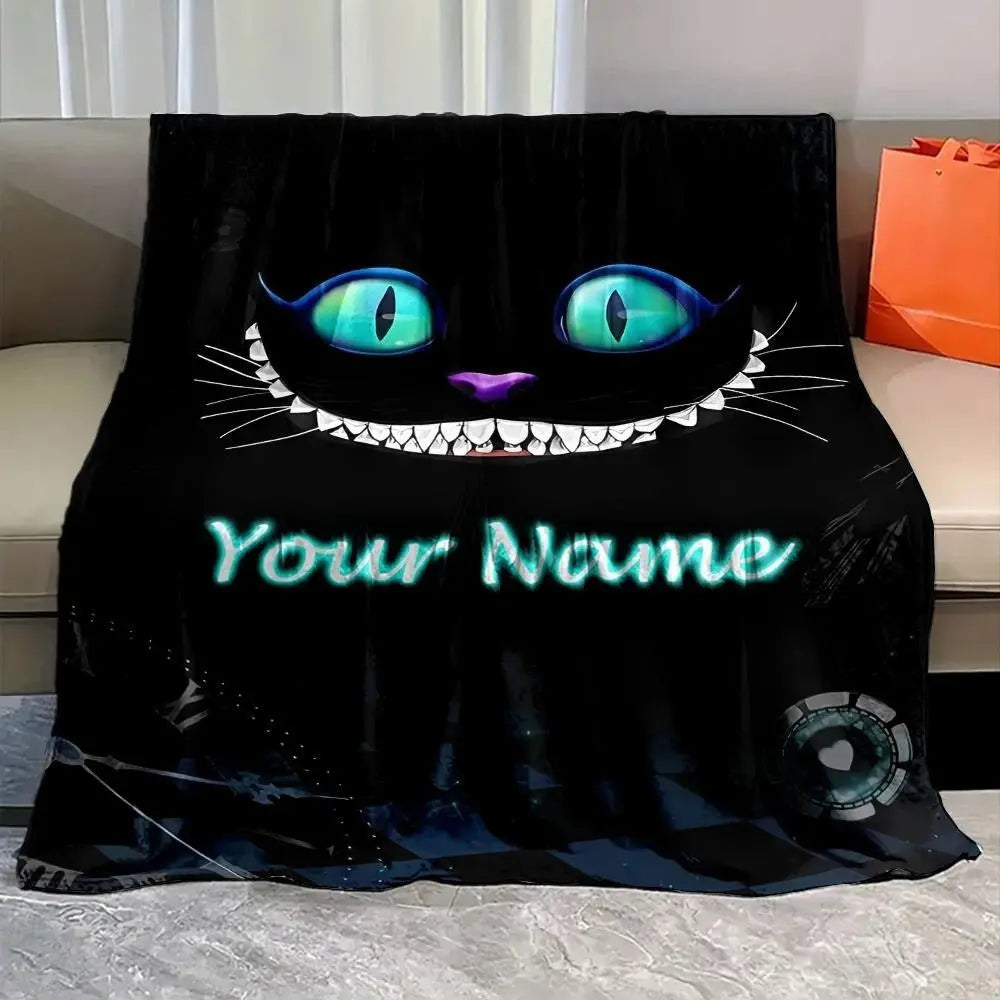 Custom name blanket with Alice in Wonderland Cheshire Cat design, personalized cozy throw