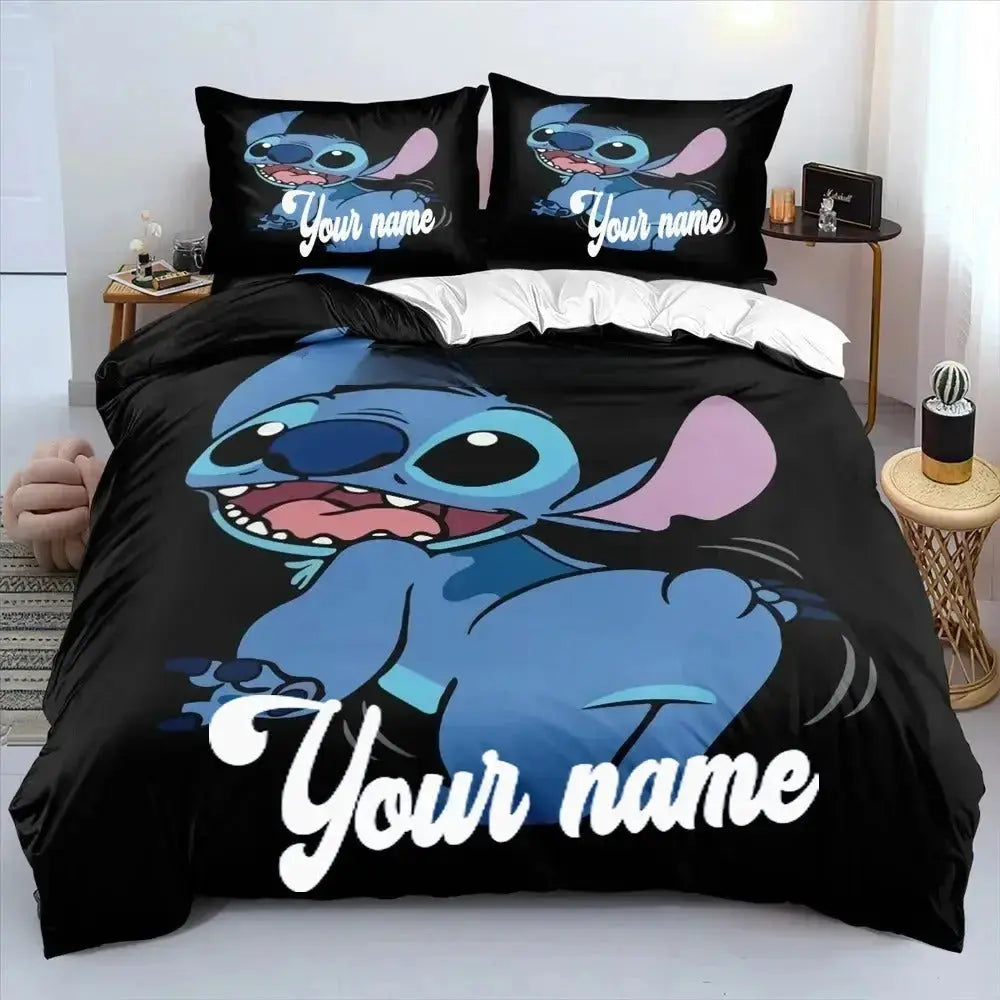 Custom Cartoon Duvet Cover Zirconic Stitch cartoon duvet cover with custom printed name, colorful design with treats and hearts, perfect for fun and cozy bedding decor.
