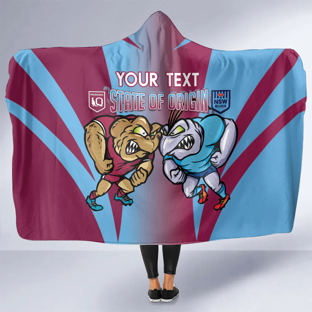 Custom NSW Blues and QLD Maroons Rugby Hooded Blanket – Cockroaches & Cane Toads Together, State of Origin NRL Supporter Blanket, Personalized Rugby Hooded Throw Gift