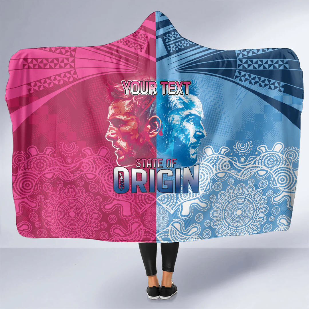 Custom New South Wales Blues & Queensland Maroons Rugby Hooded Blanket – Sporty Mascot Design, State of Origin NRL Supporter Blanket, Personalized Rugby Gift & Cozy Throw