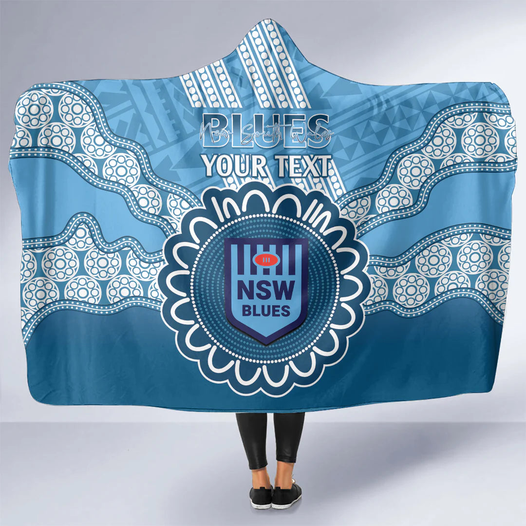 Custom NSW Blues Rugby Hooded Blanket – Aussie Aboriginal Mix Polynesian Pattern, State of Origin NRL Supporter Blanket, Personalized Rugby Gift & Cozy Throw