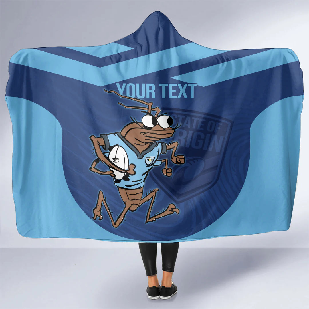 Custom NSW Blues Rugby Hooded Blanket – Cockroach State of Origin Sporty Design, NRL Supporters Throw, Personalized Rugby Gift & Cozy Blanket for Fans
