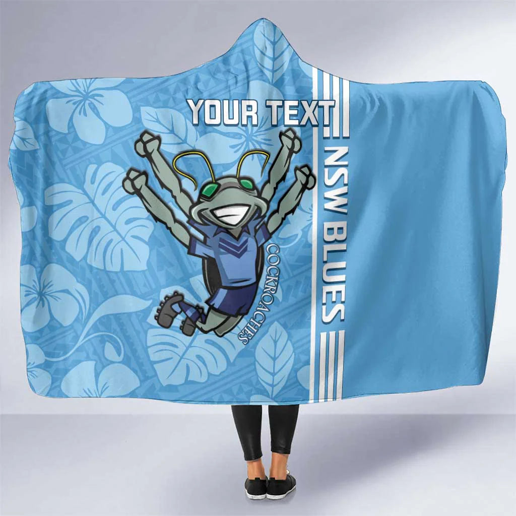 Custom NSW Blues Rugby Hooded Blanket – Cockroaches Nickname Design, Polynesian Pattern with Tropical Vibes, State of Origin NRL Supporter Blanket & Personalized Rugby Gift