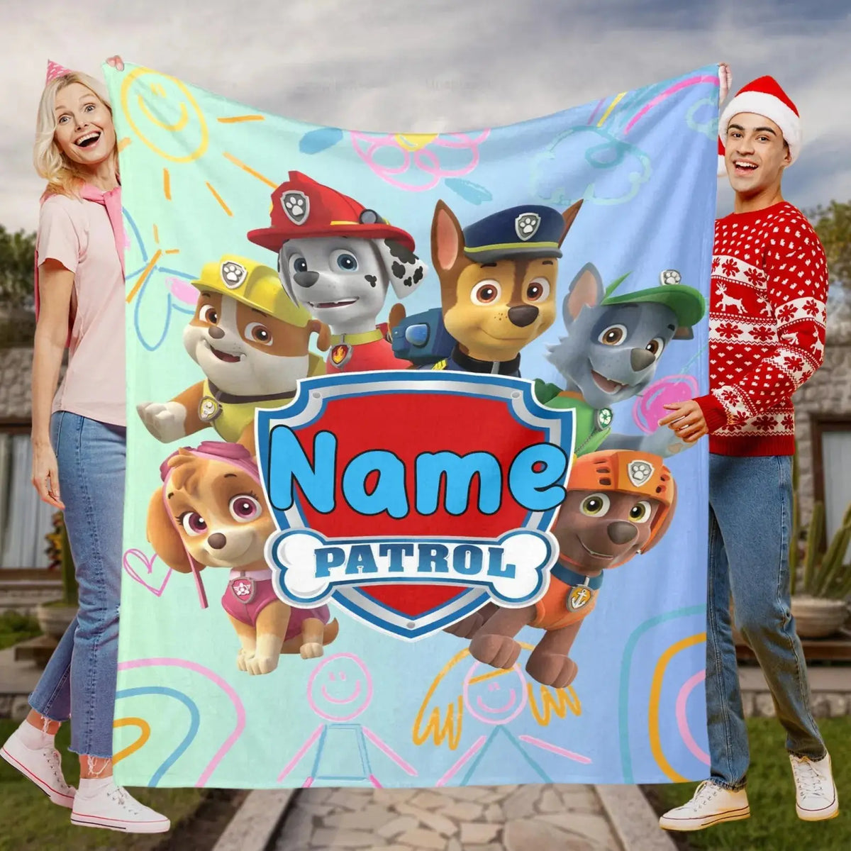 Custom Paw Patrol cartoon kids blanket with name, soft fleece personalized throw for toddlers and children