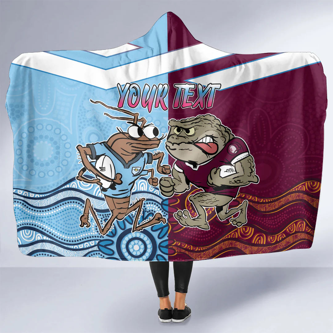 Custom QLD Cane Toad & NSW Cockroach Rugby Hooded Blanket – State of Origin Rivalry Design, NRL Supporters Throw, Personalized Rugby Gift & Cozy Blanket for Fans