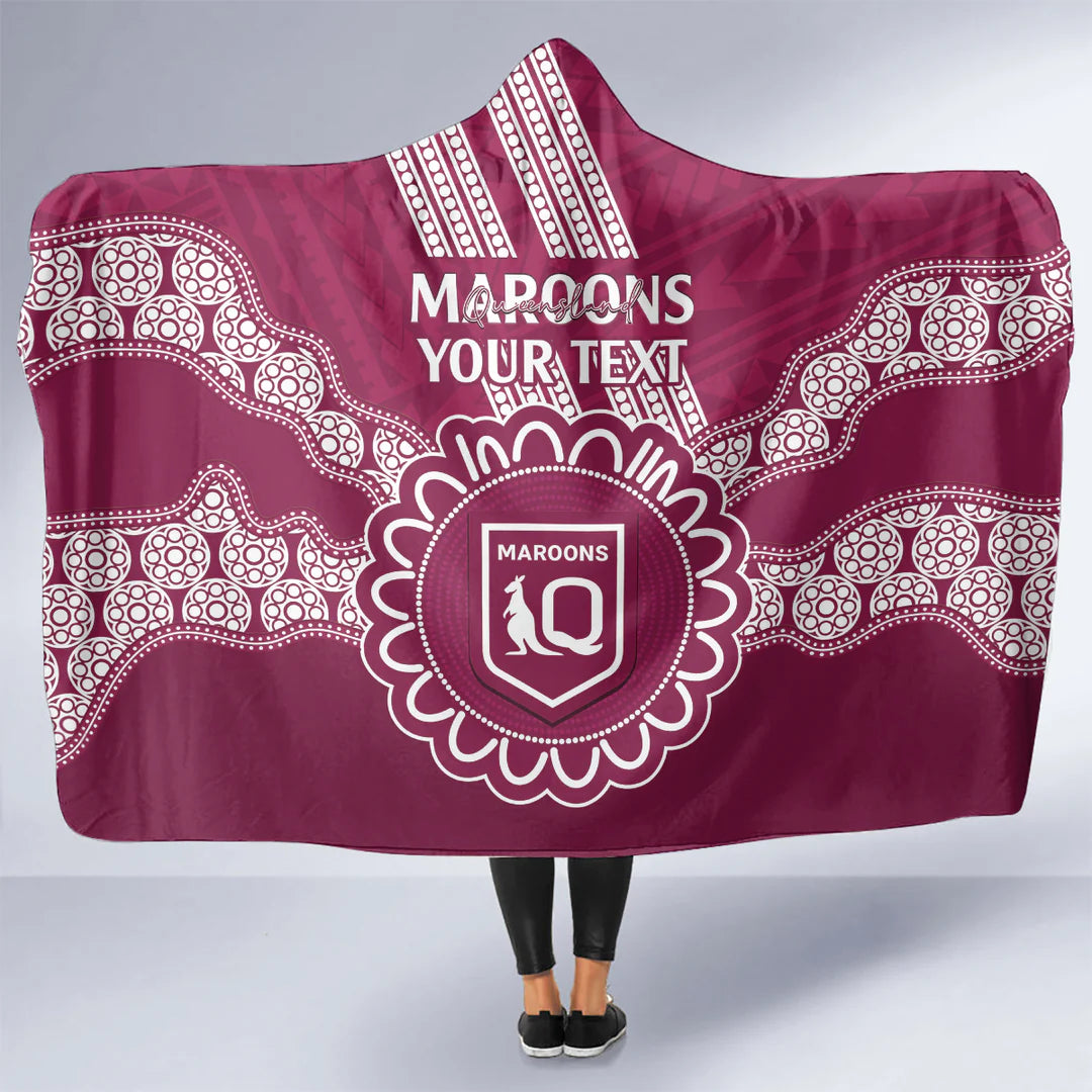 Custom QLD Maroons Rugby Hooded Blanket – NRL Australia Supporter Throw with Aboriginal and Polynesian Pattern, Cozy Personalized Rugby Fan Blanket, Unique Gift for Maroons Fans