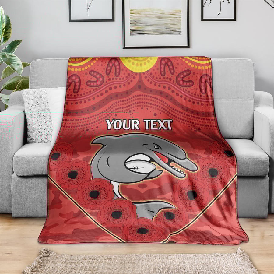 Custom Redcliffe Dolphins Rugby ANZAC Blanket with Army Patterns – Premium NRL Flannel Throw, Military Tribute Rugby Blanket, Cozy Supporters Gift & Bedroom Decor