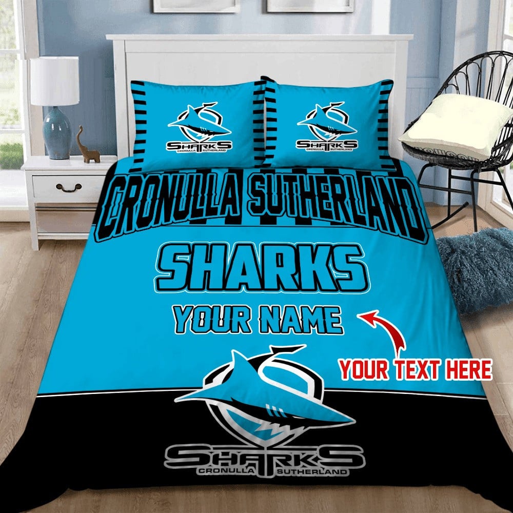 Custom Rugby Bedding Set – Cronulla Sutherland Sharks Doona Quilt Duvet Cover & Pillow Cases, NRL Rugby League Bedding for Kids & Adults Bedroom Decor