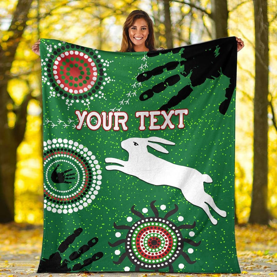 Custom South Sydney Rabbitohs Indigenous Rugby NRL Blanket – Unique Premium Flannel Throw, Soft Cozy Bedding & Supporters Gift for Rabbitohs Fans