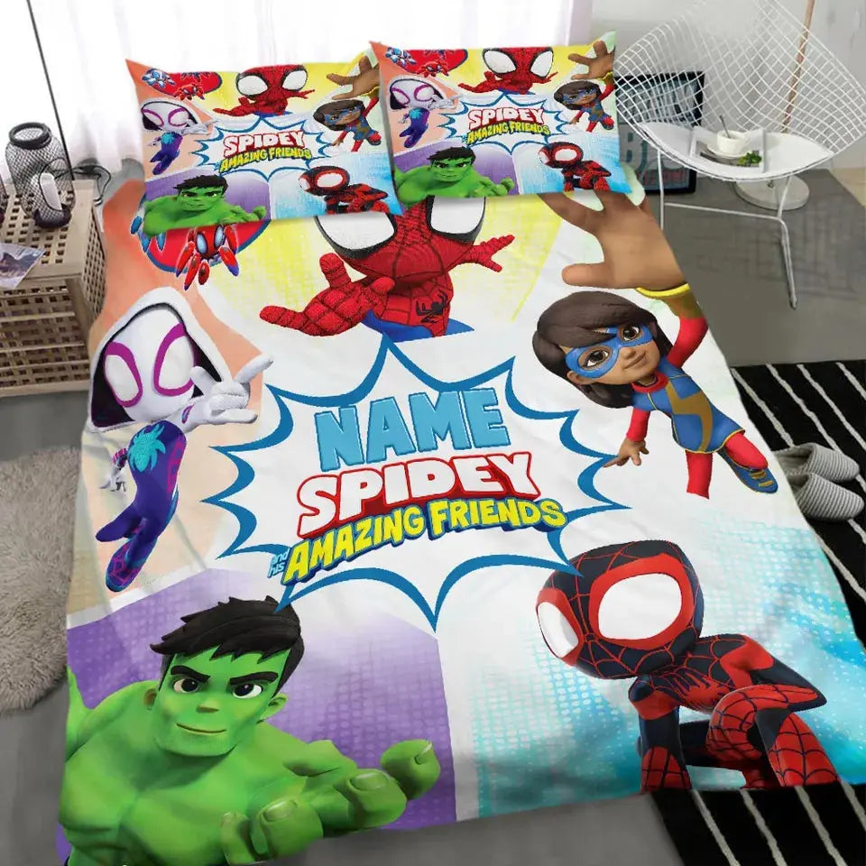 Personalized Spidey and His Amazing Friends bedding set for kids bedroom décor, featuring vibrant superhero design and comfortable duvet cover