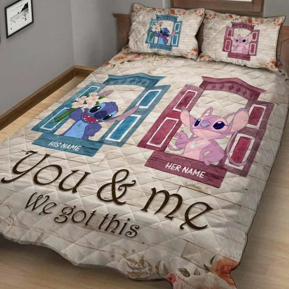 Stitch and Angel quilt bed set featuring Lilo and Stitch couple design, cute alien love quilt set, cozy Disney blanket for kawaii bedroom décor