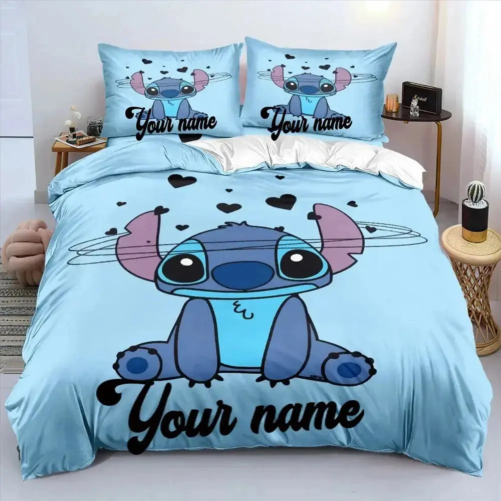 Personalized Lilo & Stitch cartoon bedding set with custom name printed on a soft quilt cover, perfect for kids’ bedrooms and Disney fans.