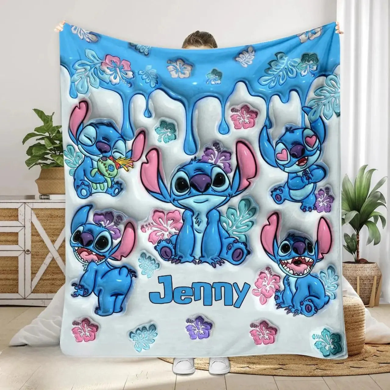 Custom Stitch cartoon kids blanket with personalized name, soft and cozy Disney Stitch bedding for toddlers and children’s bedroom décor.