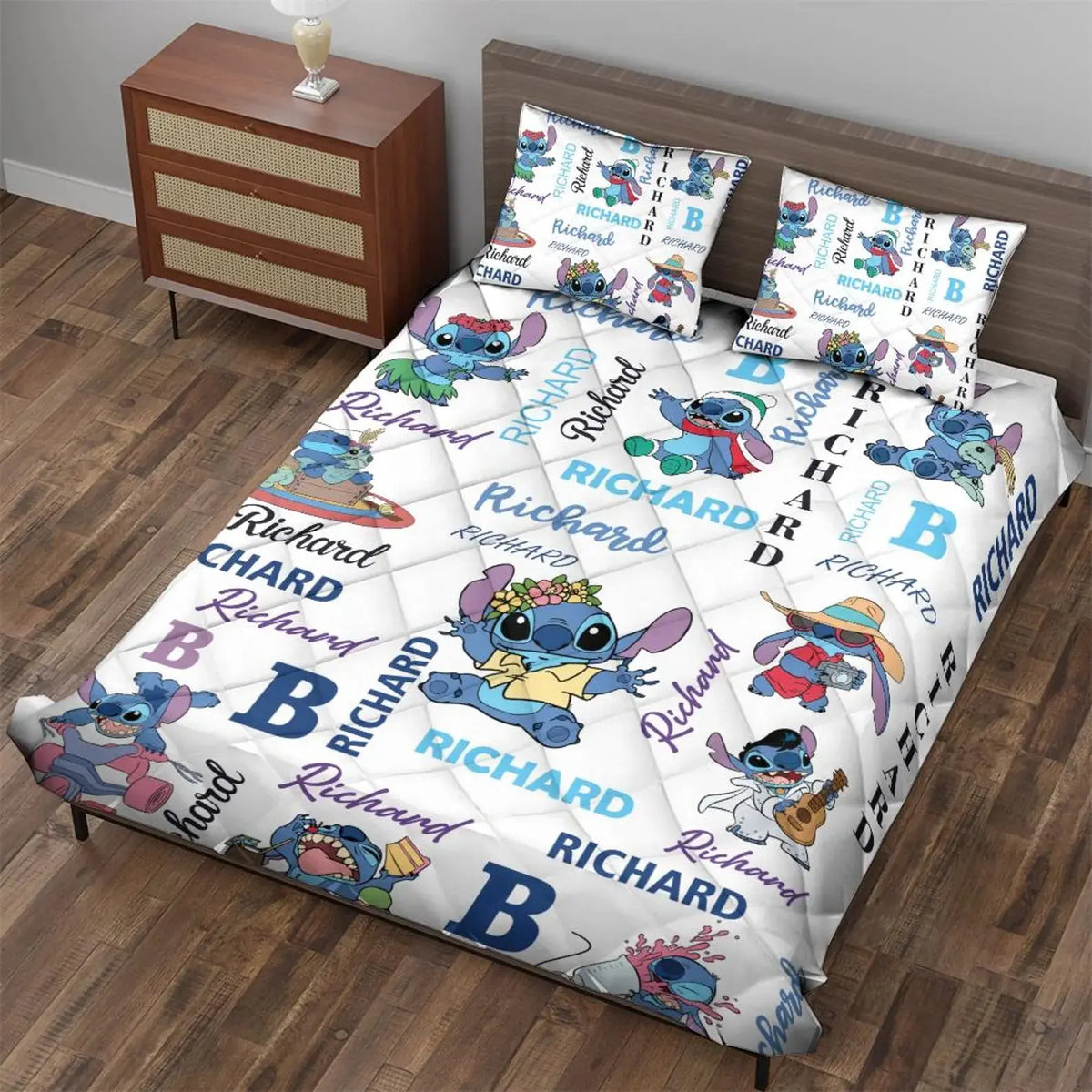 Custom Stitch quilt bed set with Ohana design, personalized bedding quilt with pillowcase, perfect Stitch home décor, soft and cozy custom name quilt for kids bedroom.