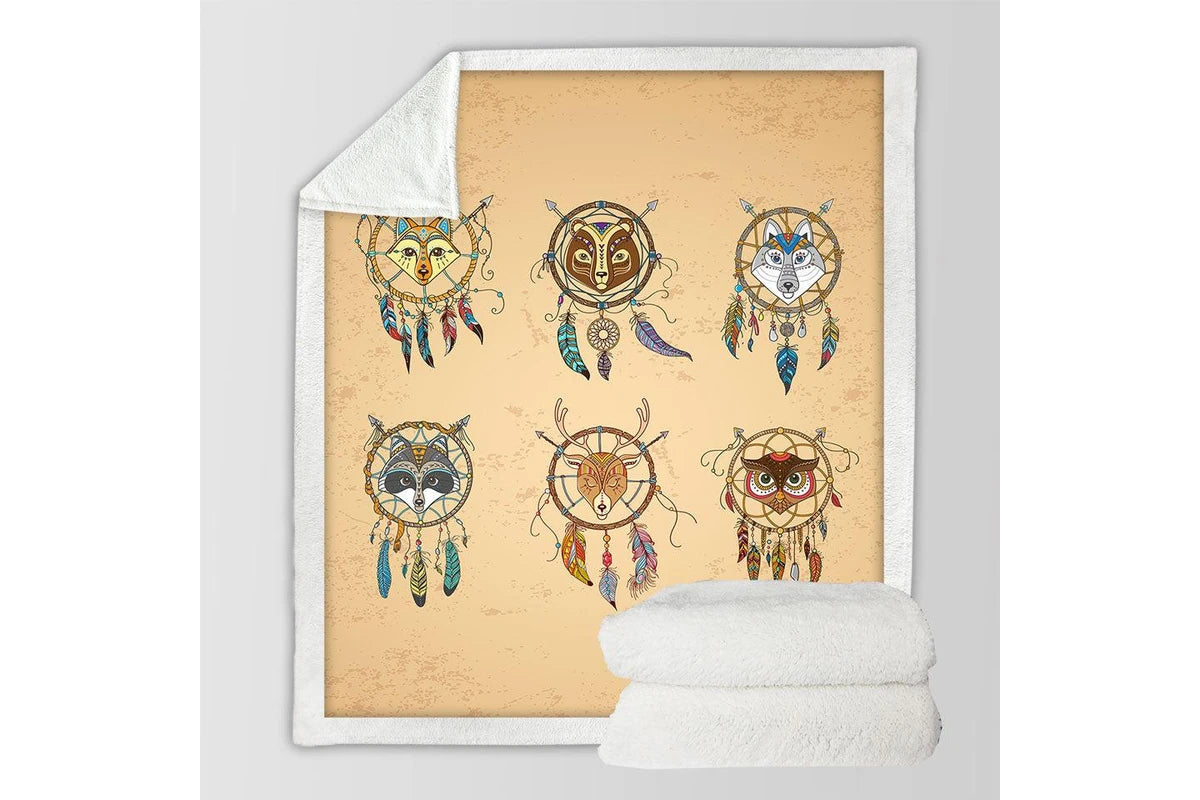 Cute animal dreamcatcher kids blanket, boho-style flannel throw for nursery or home decor.