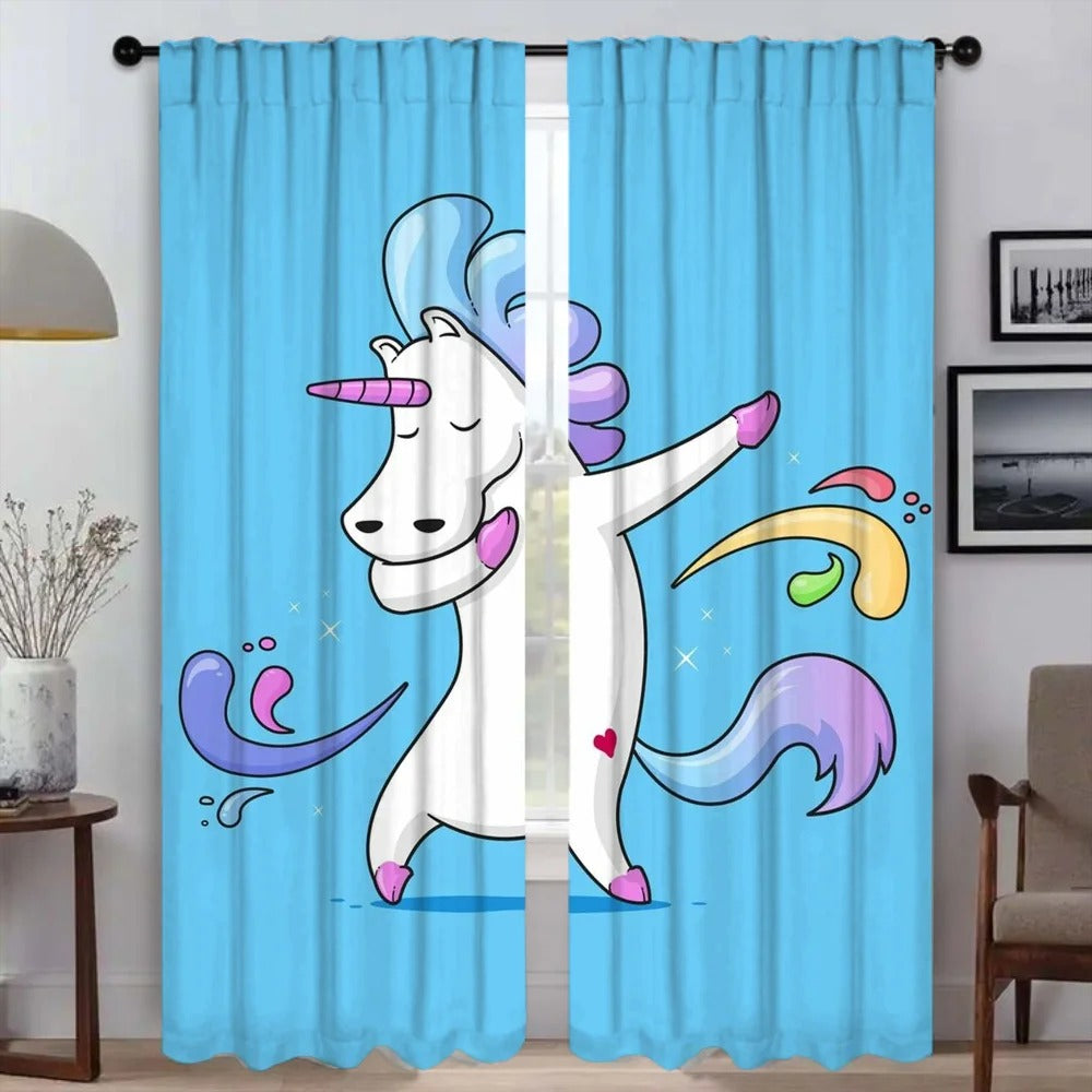 Cute cartoon unicorn blackout curtains for nursery or baby bedroom home décor.
