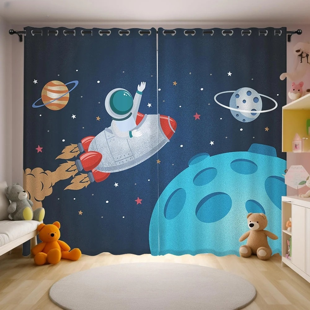 Decorative cartoon space astronaut curtains, blackout drapes for kitchen windows.