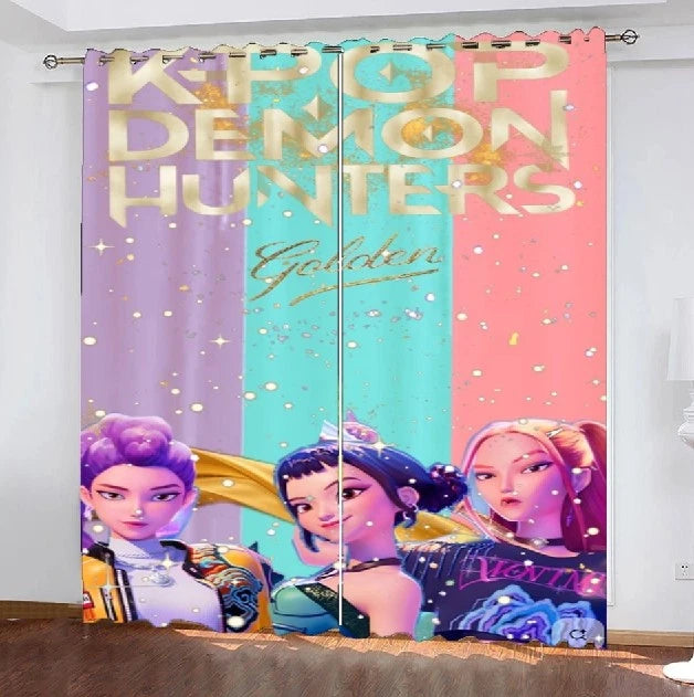 Easy-install Demon Hunters K-Pop 3D blackout curtains with grommet top.