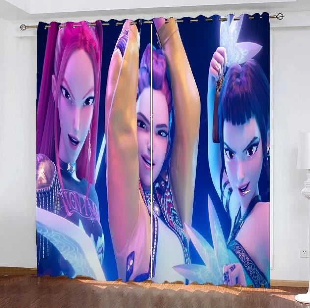 Demon Hunters K-Pop 3D printed blackout drapes for kids and adults.