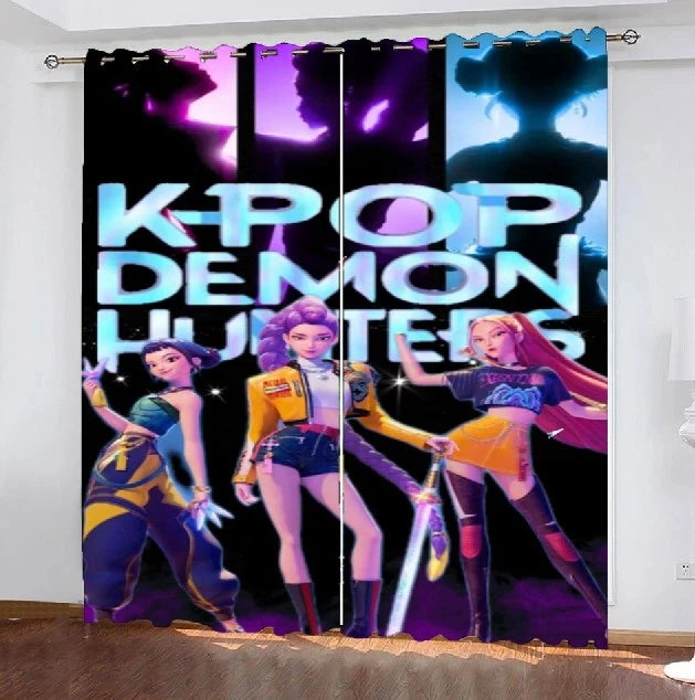 Set of Demon Hunters K-Pop 3D blackout curtains for bedroom décor.