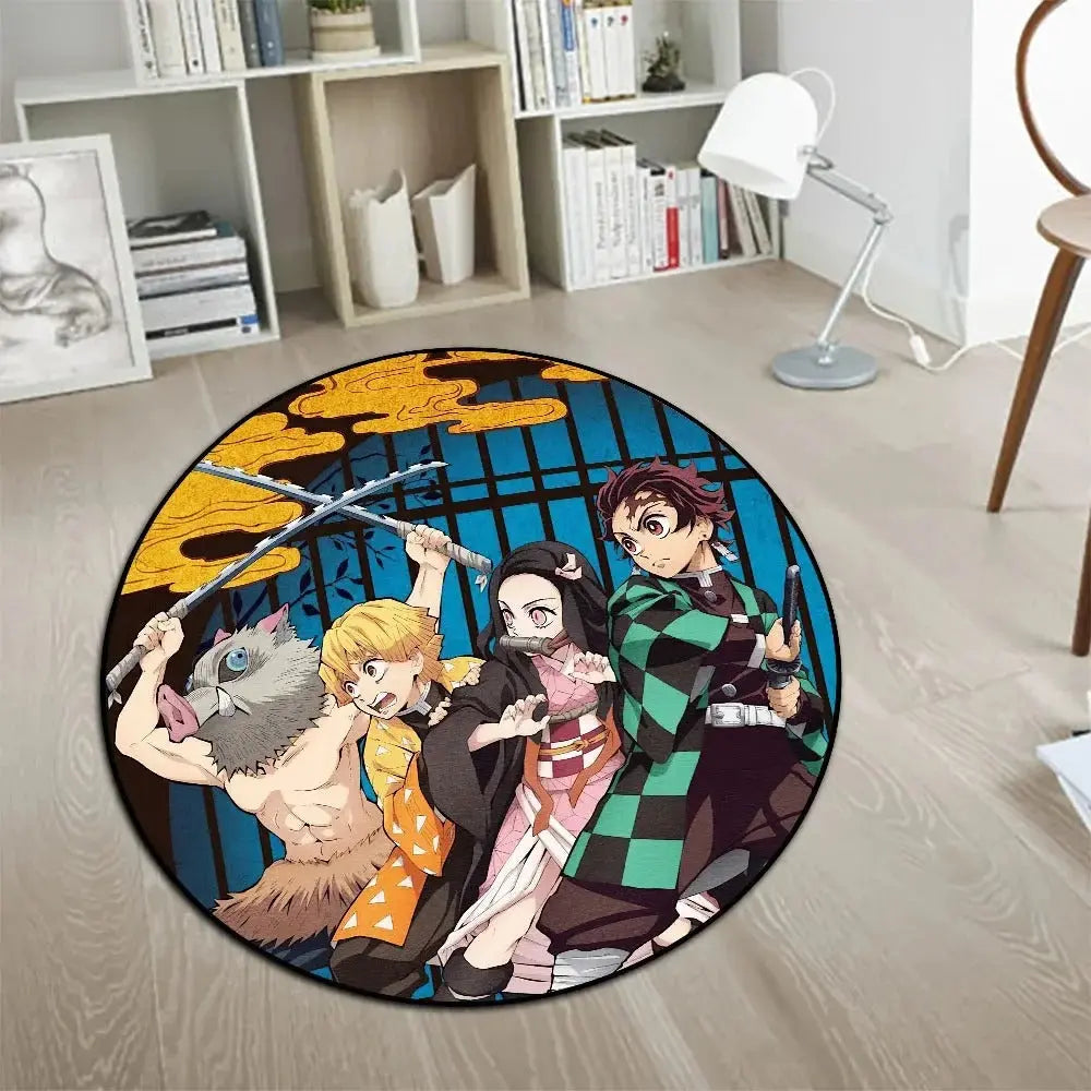 Round rug featuring main characters from Demon Slayer: Kimetsu no Yaiba — Tanjiro Kamado, Nezuko Kamado, Zenitsu Agatsuma, and Inosuke Hashibira — with vibrant, detailed colors on a water-resistant material, suitable for floor or wall hanging.