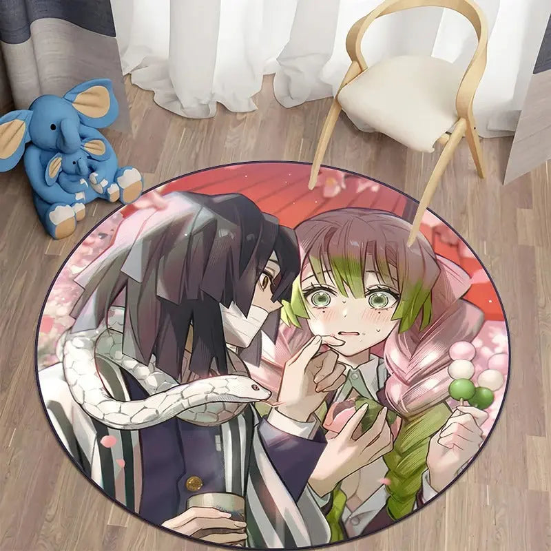 Round rug featuring Obanai Iguro, the Serpent Hashira with his white snake Kaburamaru, and Mitsuri Kanroji, the Love Hashira holding dango, surrounded by cherry blossom motifs from Demon Slayer: Kimetsu no Yaiba.