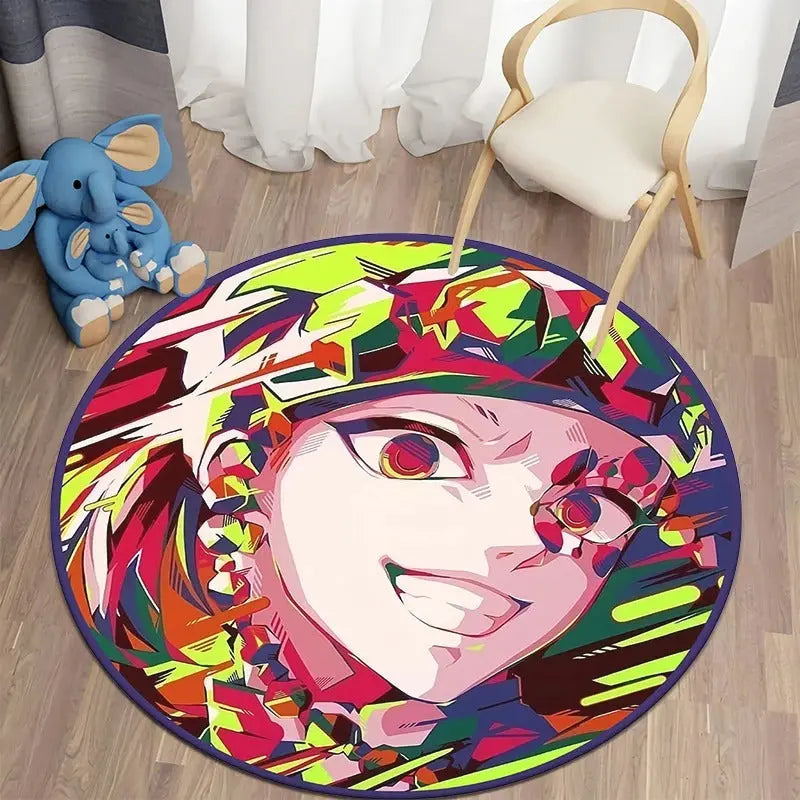 Round area rug with a vibrant and colorful illustration of a Demon Slayer: Kimetsu no Yaiba character, perfect for anime fans' bedrooms or gaming setups