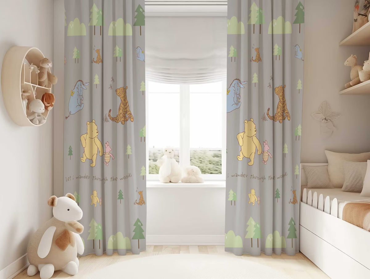 Disney Pooh Bear curtains, blackout nursery drapes for baby room and kids bedroom décor.