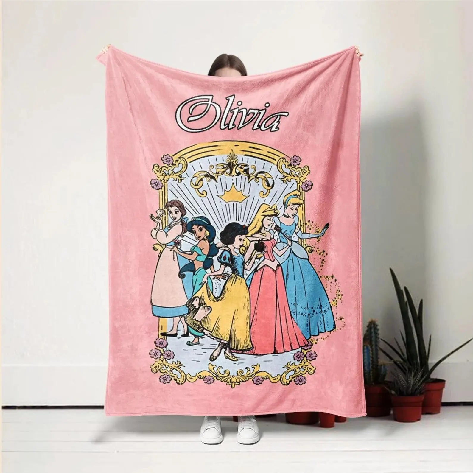 Disney Princess kids blanket with custom name, soft and cozy personalized throw for toddlers and children’s bedroom décor and gift