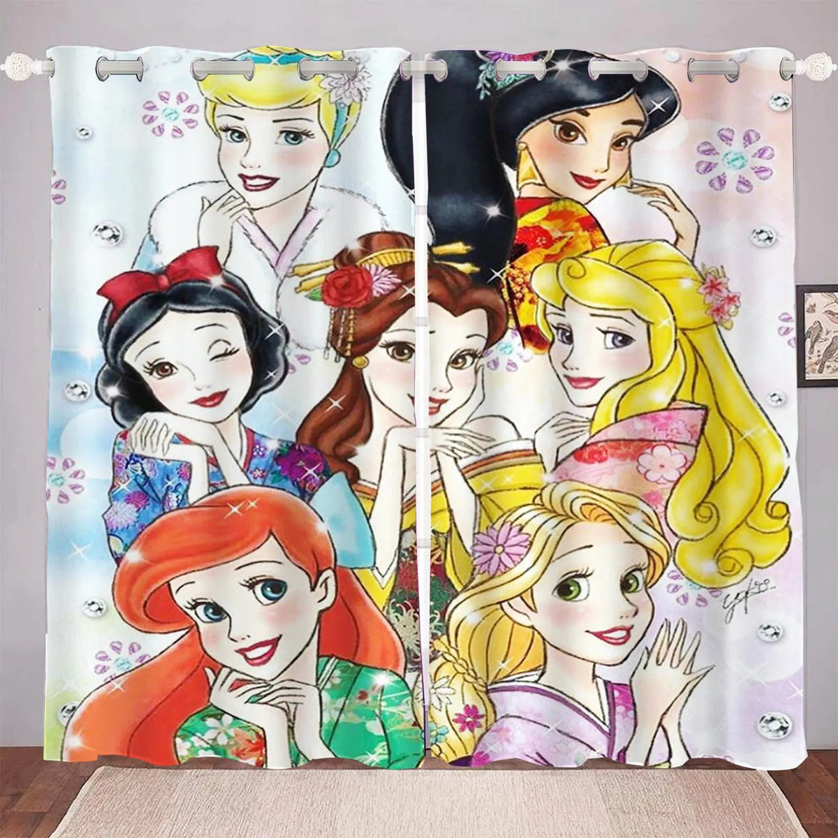 Disney Princess window curtains in pink and gold tones for elegant kids décor.