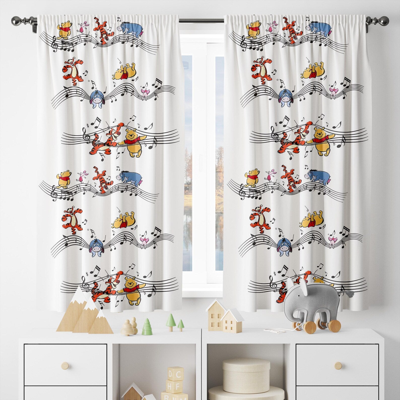 Disney Winnie the Pooh curtains, cute cartoon drapes for baby nursery room.