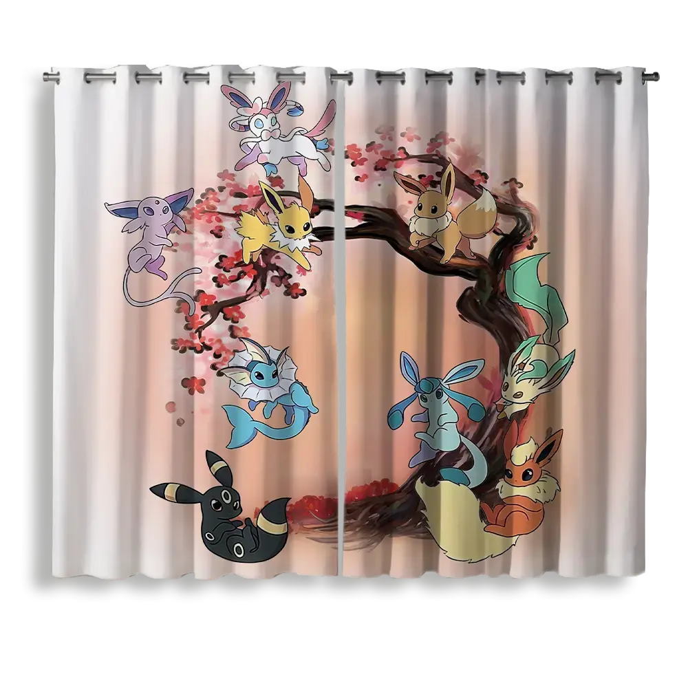 Eevee Pokemon Evolution Cherry Blossom Window Curtain for bedroom, kids room, and anime home decor