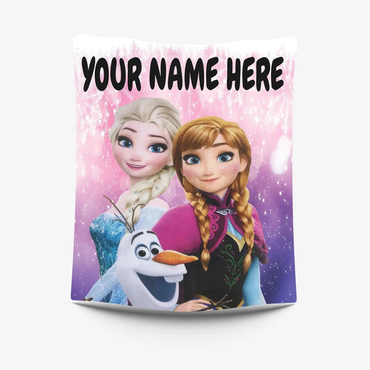Frozen cartoon kids blanket featuring Anna, Elsa, and Olaf with custom name option, soft cozy blanket for toddlers and children, personalized Disney Frozen bedding gift.