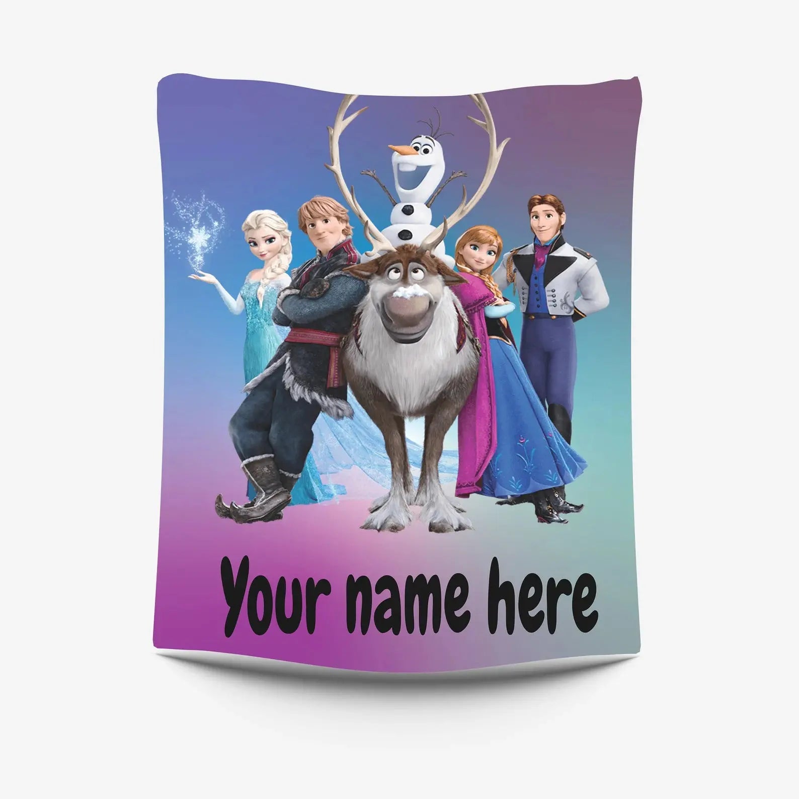 Frozen cartoon kids blanket featuring Elsa, Anna, Olaf, Kristoff, Hans, and Sven, personalized name option, soft and cozy Disney Frozen blanket for toddlers and children’s bedroom décor.