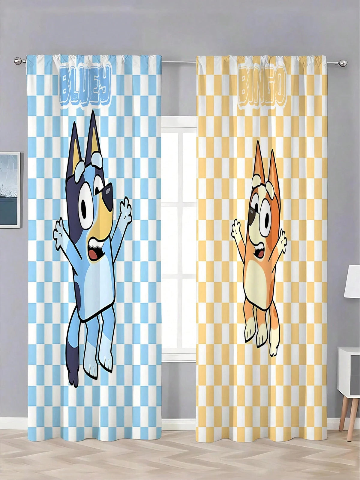 Fun Bluey and Bingo bedroom curtains, cartoon window drapes for children.