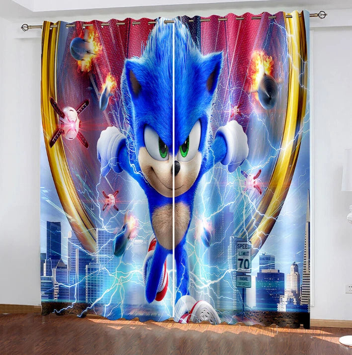 Fun Sonic the Hedgehog bedroom window curtains, stylish kids cartoon drapes.