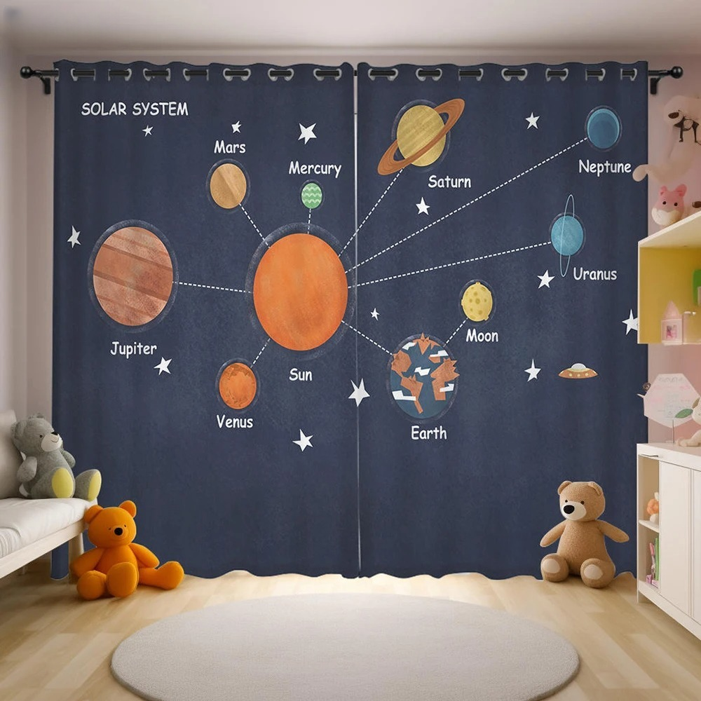 Fun space astronaut curtains, blackout cartoon window drapes for home décor.