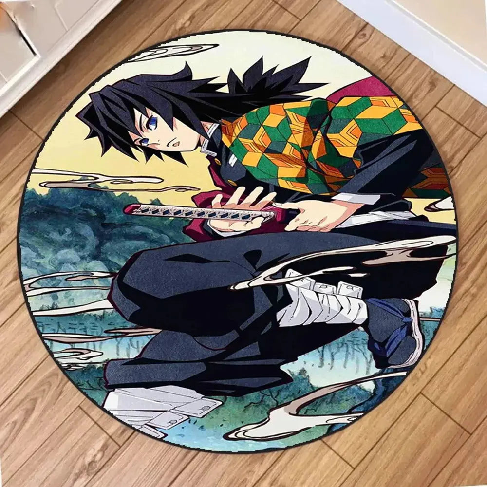 Round rug featuring Giyu Tomioka, the Water Hashira from Demon Slayer: Kimetsu no Yaiba, depicted in his distinctive haori performing a Water Breathing sword technique with a calm and focused expression.