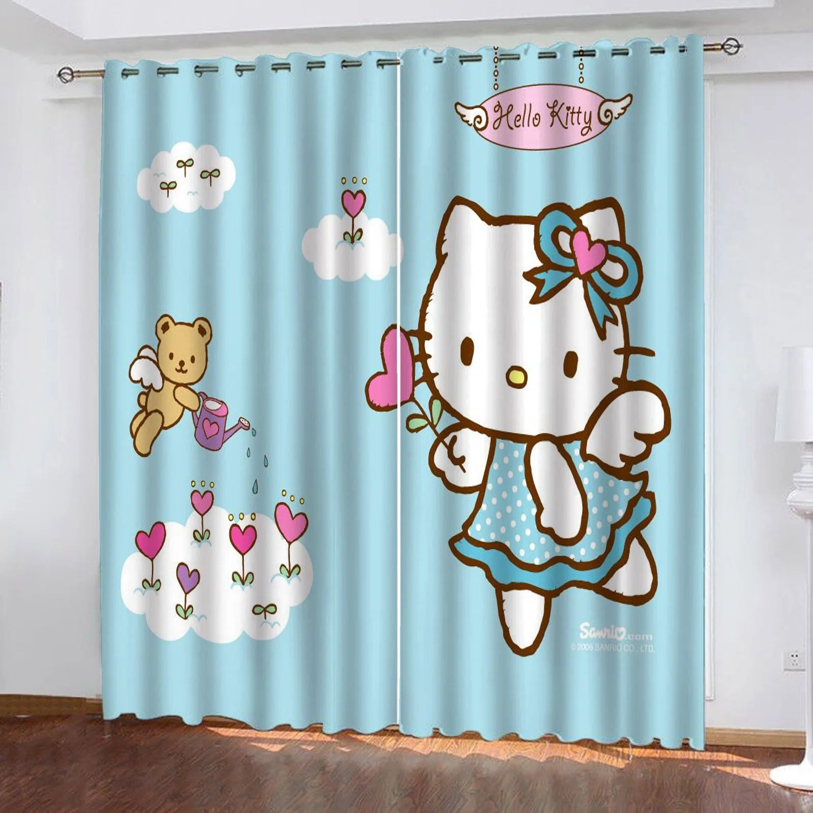 Hello Kitty anime curtains, cute kawaii blackout panels for children’s playroom.