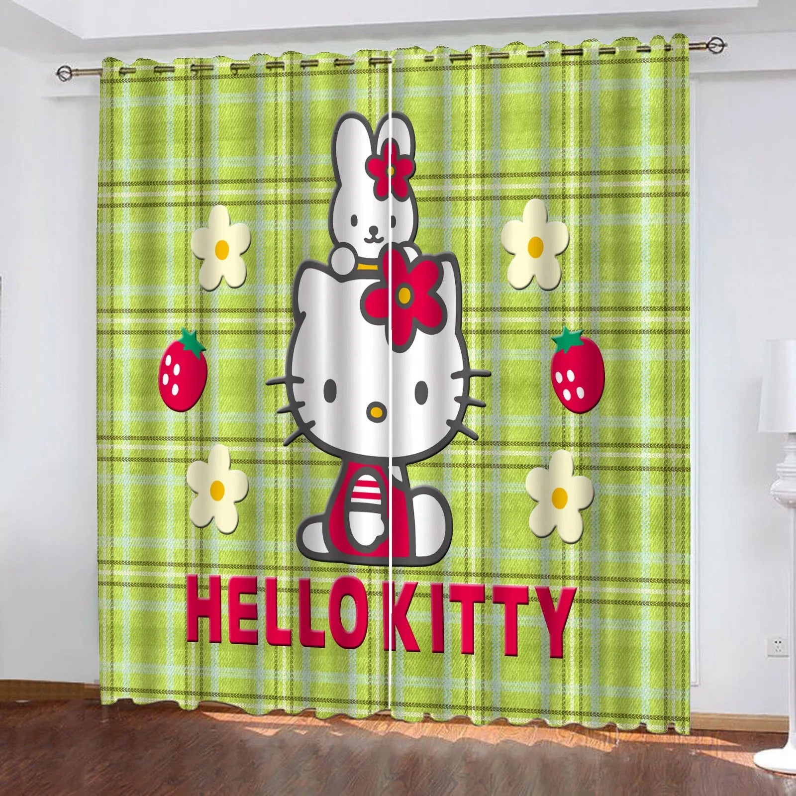 Anime Hello Kitty curtains, blackout flannel drapes for study or dorm room.