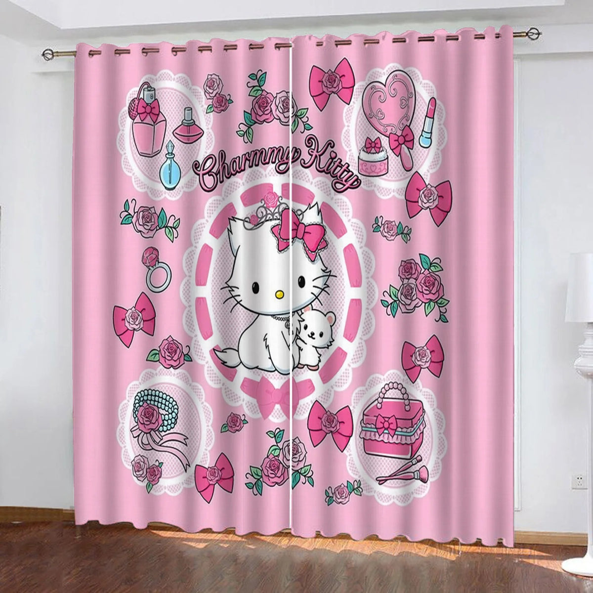 Kawaii Hello Kitty anime blackout curtains, cute 2 panel drapes for living room.
