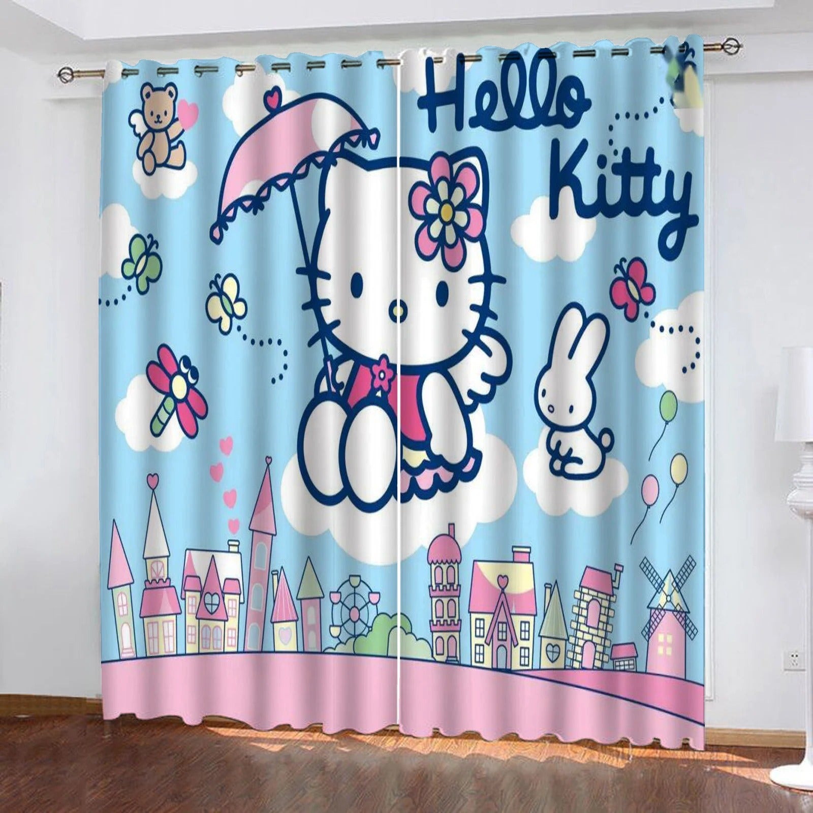 Hello Kitty kids window curtains, soft flannel blackout drapes for children’s room.