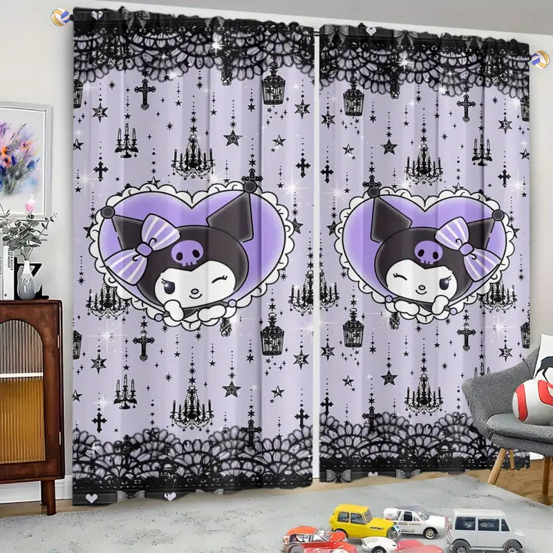 Hello Kitty and Kuromi blackout curtains for home décor, stylish anime-inspired window coverings.