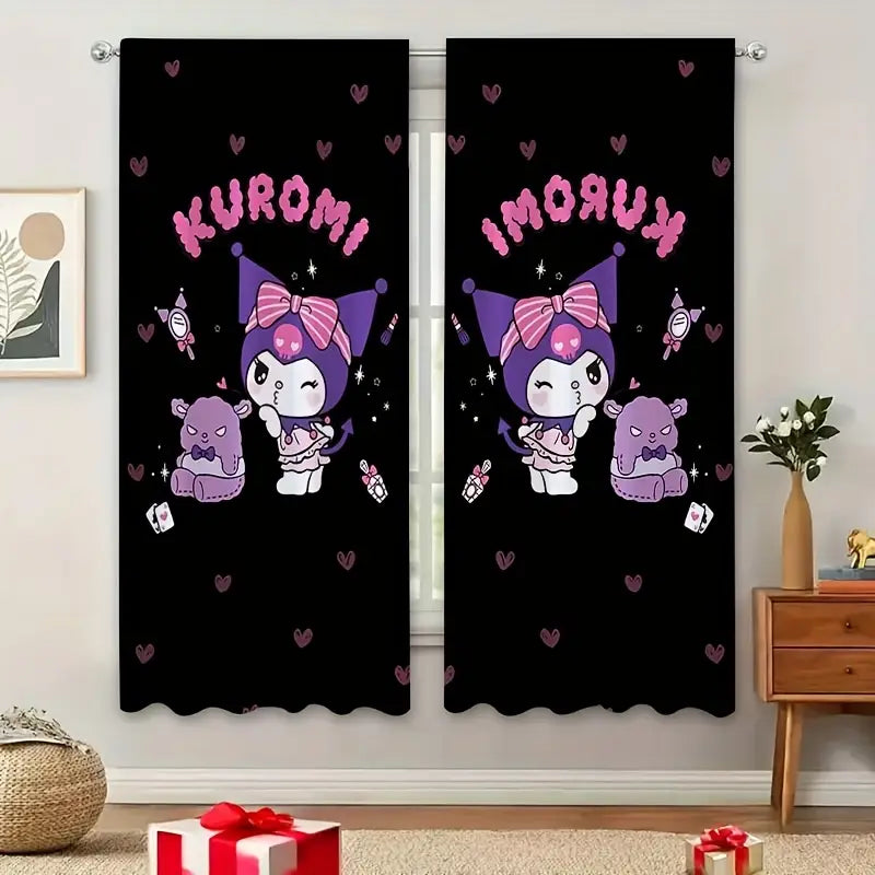 Cute Hello Kitty and Kuromi room décor curtains for anime fans, kawaii blackout window panels.