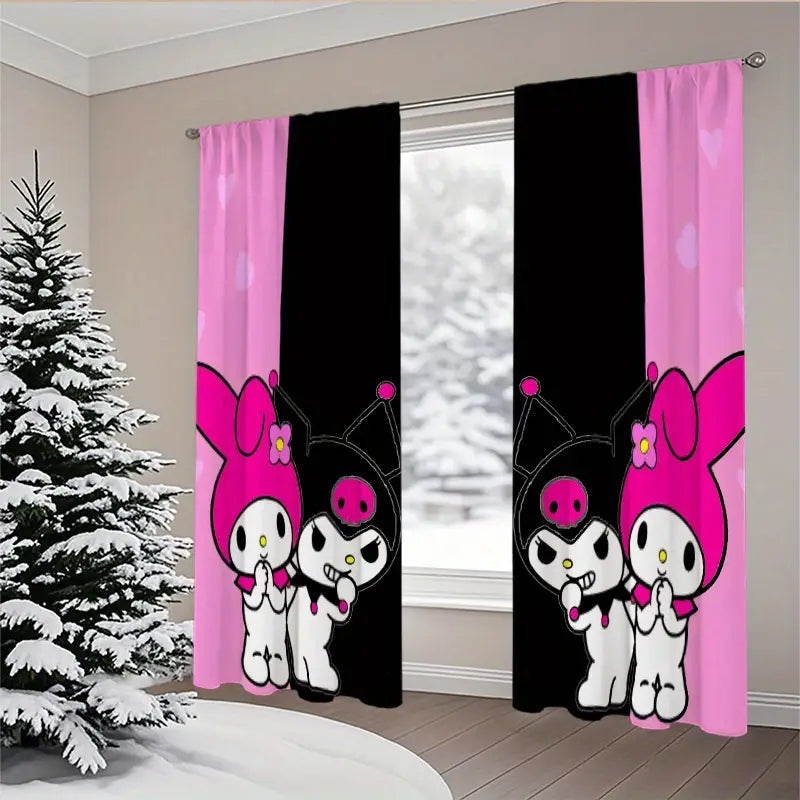 Pink and black Hello Kitty curtains for kids room with kawaii pattern and cartoon style.