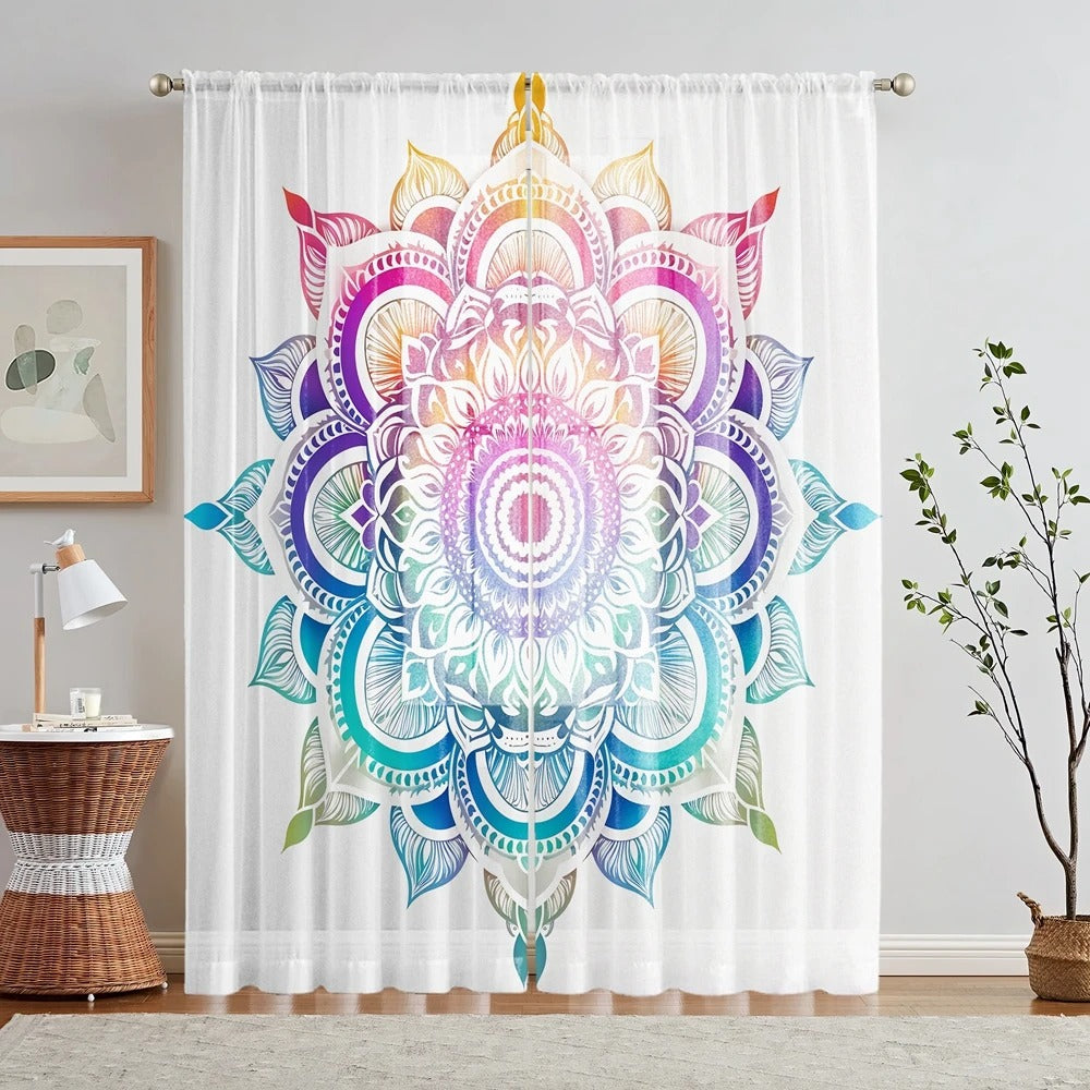 Hippie mandala curtains for bedroom décor with colorful Indian medallion print.
